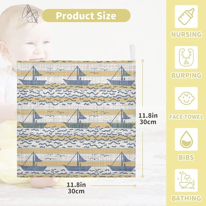 vvfelixl Baby Muslin Washcloths Linen Nautical Boat Texture Baby Burp Cloths Cotton Baby Face Towel for Newborn Infants Boys Girls Soft and Absorbent 11.8 X 11.8 in, 3 Pack