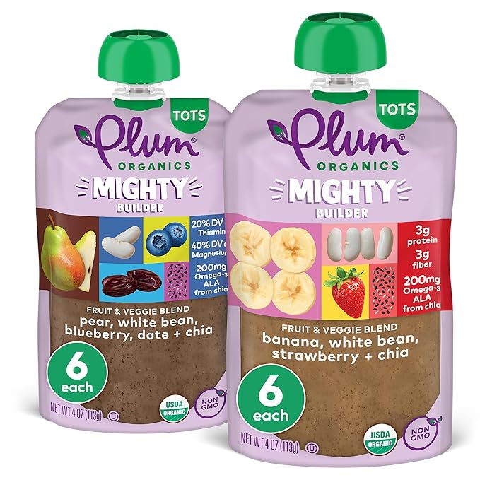 Plum Organics Variety Pack, 12+ Months - Mighty Builder Organic Fruit and Veggie Blend Toddler Food Pouches - 4 oz Pouch (Pack of 8)