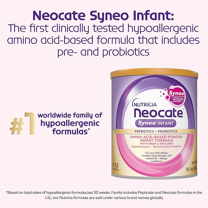 Neocate Syneo Infant - Hypoallergenic, Dairy-free, Amino Acid-Based Baby Formula with Prebiotic Fiber, Probiotics & DHA/ARA - Food Allergy-Friendly Formula - 14.1 oz (Pack of 4)
