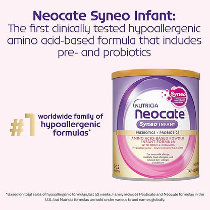 Neocate Syneo Infant - Hypoallergenic, Dairy-free, Amino Acid-Based Baby Formula with Prebiotic Fiber, Probiotics & DHA/ARA - Food Allergy-Friendly Formula - 14.1 oz (Pack of 4)