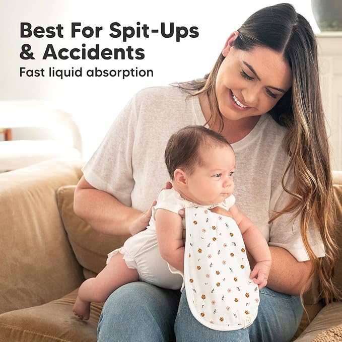 5-Pack Muslin Burp Cloths Baby Boy, Girl - Very Absorbent Baby Burp Cloth Rags, 8-Layers Viscose Derived from Bamboo Cotton Muslin Towel, Super Soft Spit Up Rags, No Shrink Washcloths (Petals)