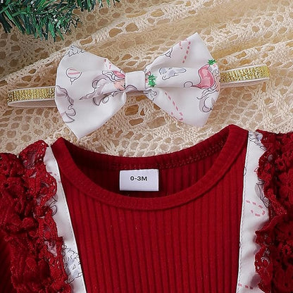 Hnyenmcko Newborn Baby Girl Christmas Clothes Infant Red Plaid Romper Dress Ruffle Long Sleeve Ribbed Bodysuit Headband Set