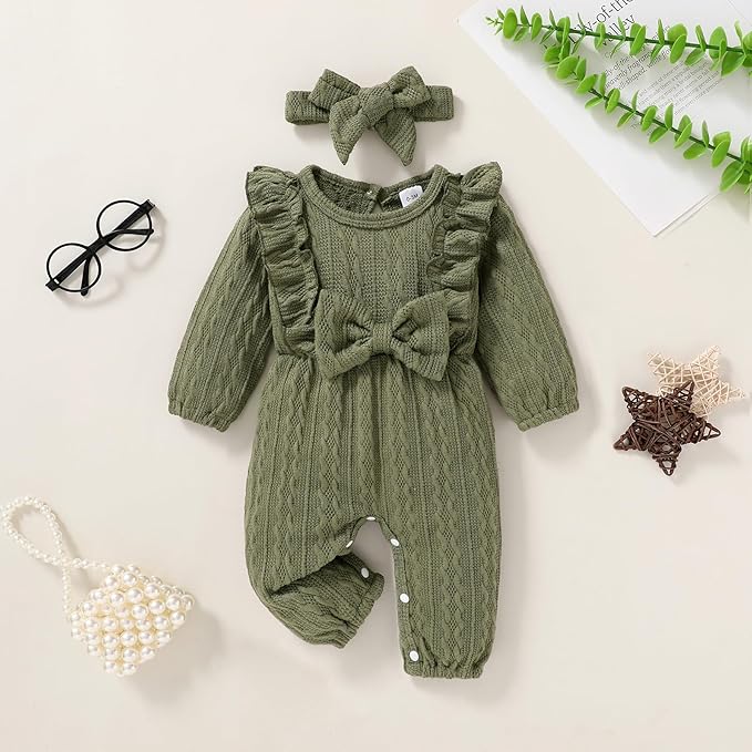 Happy Town Baby Girl Romper Infant Fall Winter Clothes Ruffle Sweater Long Sleeve Bodysuit Jumpsuit and Headband