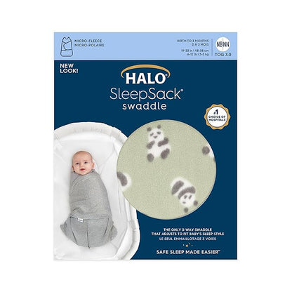 HALO Micro-Fleece Sleepsack Swaddle, 3-Way Adjustable Wearable Blanket, TOG 3.0, Cozy Pandas, Newborn, 0-3 Months