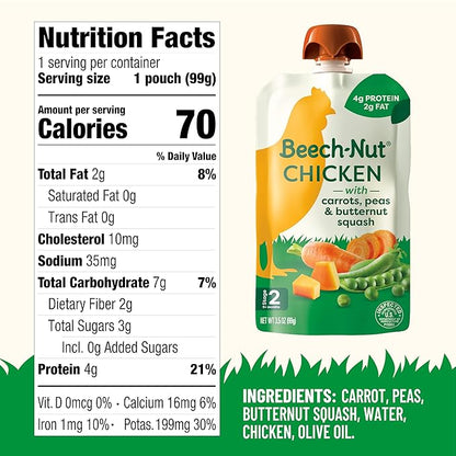 Beech-Nut Chicken Baby Food Pouches with 4g of Protein, Chicken Carrots Peas & Butternut Squash, Baby Puree Meat Baby Food Pouch, Stage 2, 3.5 oz Pouch (12 Pack)