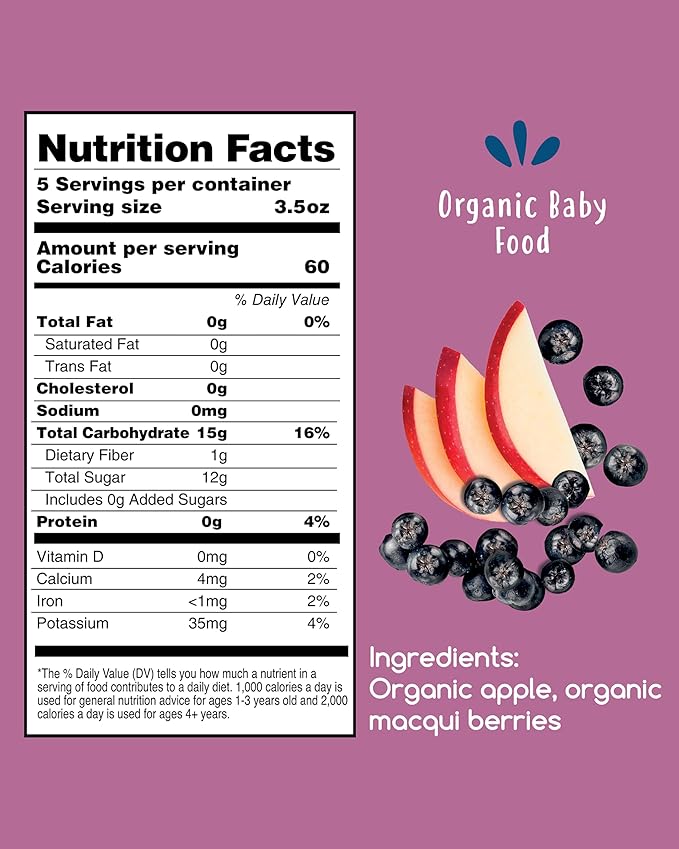 Amara Organic Baby Food - Stage 2 - Applesauce & Maqui Berry - Baby Cereal to Mix With Breastmilk, Water or Baby Formula - Shelf Stable Baby Food Made from Organic Fruit - 5 Pouches, 3.5oz Per Serving
