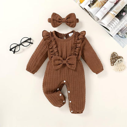 Happy Town Baby Girl Romper Infant Fall Winter Clothes Ruffle Sweater Long Sleeve Bodysuit Jumpsuit and Headband