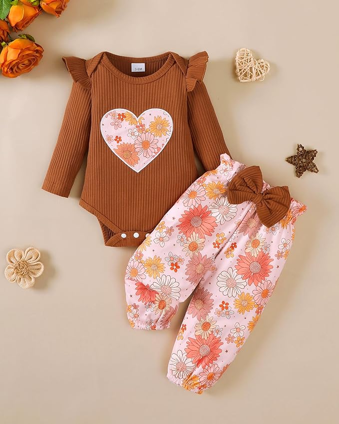 Jecson Newborn Baby Girl Clothes: Soft Cotton Infant Outfits Ruffles Sleeve Romper & Pants Set Cute Fall Home Outing 0-18M