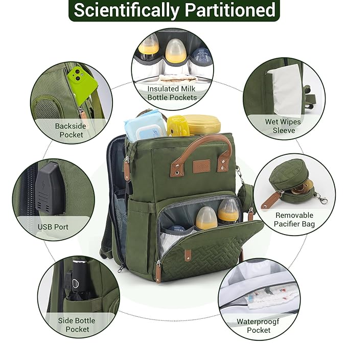 JOLLITO Diaper Bag Backpack with Changing Station Large Capacity Multifunction Baby Bags for Boy Girl Travel For Moms Dads Baby Registry Search Essentials Shower Gifts