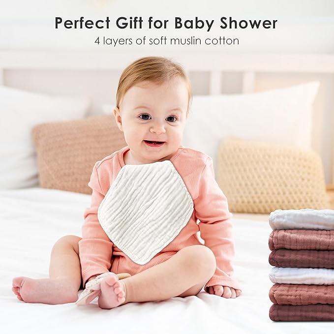 Sunny zzzZZ Baby Muslin Washcloths -100% Cotton Muslin Soft Baby Bath Wash Cloths and Absorbent Burp Cloths for Newborns Kids Girls and Boys -12 Pack, 12x12 Inches - White+Deep Bean Paste Series