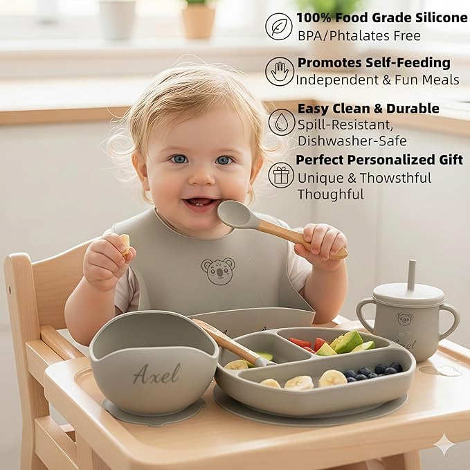 Personalized Name Food Grade 6pcs Baby Feeding Set with Spoon, Fork,Silicone Suction Bowls,Cup,Plate,and bib BPA Free - First Stage Self Feed (Color Grey-Green Y20)