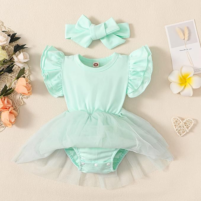 Baby Girl Clothes Infant Ruffle Sleeve Romper Dress Newborn Solid Tutu Skirt Sets Jumpsuit Headband Outfit