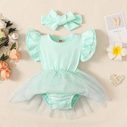 Baby Girl Clothes Infant Ruffle Sleeve Romper Dress Newborn Solid Tutu Skirt Sets Jumpsuit Headband Outfit
