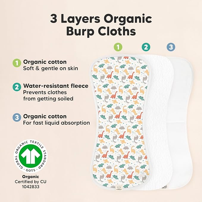 Organic Burp Cloths Baby Boy & Girl - 5-Pack Super Absorbent Cotton Burping Cloths for Babies, Soft & Plush Newborn Spit Up Rags, Infant Towels for Milk Spit Up, Unisex, Large 21" x 10" (Mesozoic)