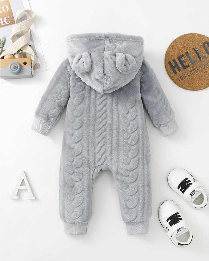 Saeaby Newborn Baby Girl Boy Clothes Fall Winter Infant Long Sleeve Fleece Jumpsuit Romper Hooded Baby Snowsuit Bear Outfit