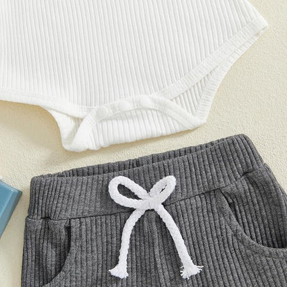 fhutpw Baby Boy Clothes 3 6 12 18 Months Ribbed Knitted Long Sleeve Romper and Pants Sets Newborn Fall Splicing Color Outfits