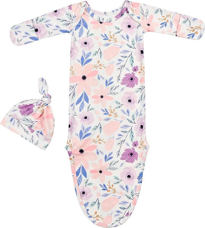 Newborn Baby Knotted Gown Sleeper Gown with Mittens Long Sleeve Nightgown Baby Coming Home Outfit with Hat 2 Pieces