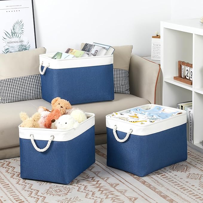 Bidtakay Large Storage Baskets for Shelves 3 Pack Fabric Storage Bins for Organizing Navy Blue Decorative Baskets Linen Collapsible Organizer for Closet