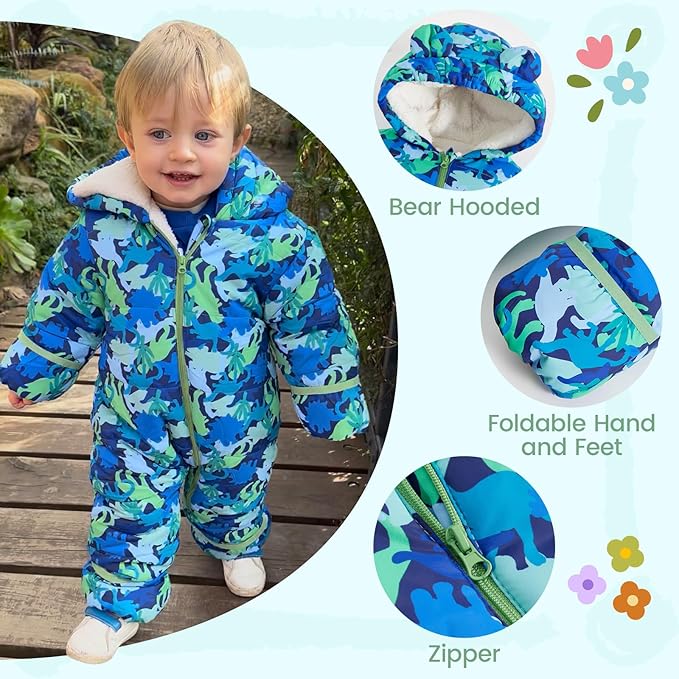 JiAmy Baby Snowsuit Baby Printed Winter Clothes With Flod-Over Girl Boy Hooded Outfits Jumpsuit Coat