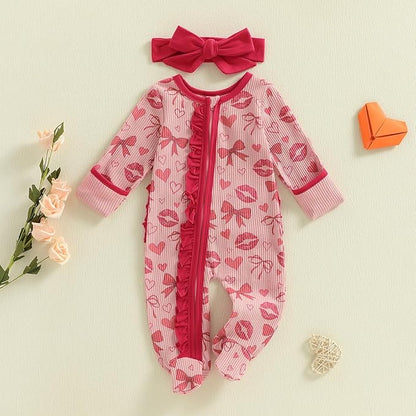Newborn Baby Girl Valentines Day Outfit Ruffles Bow Footie Long Sleeve Romper Jumpsuit Bodysuit Overalls Fall Clothes