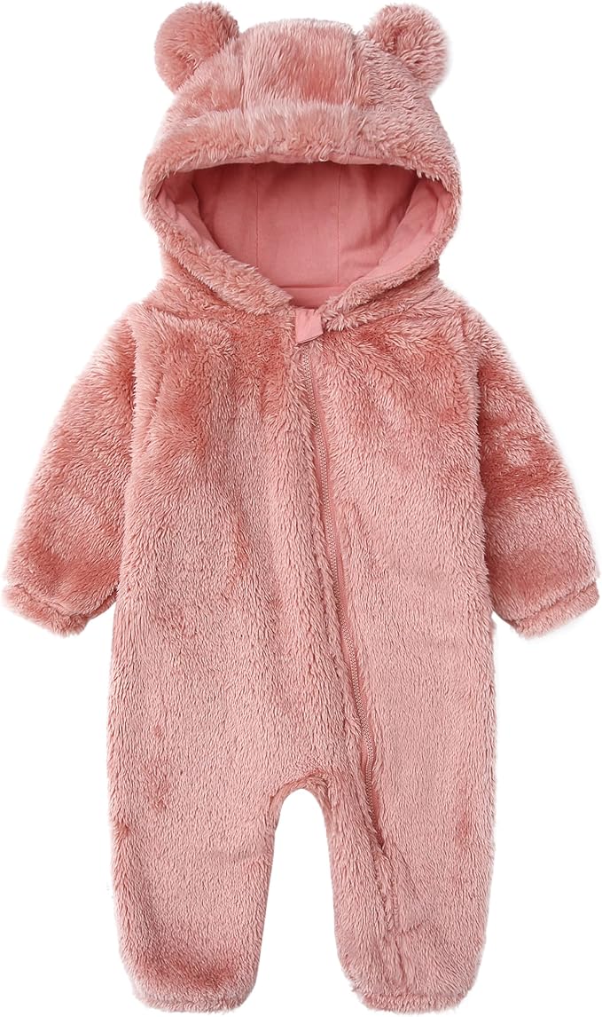 Baby Furry Jumpsuit Infant Bear Onesies Zipper Long Sleeve One-Piece Romper Hoodie Baby Outwear Snowsuit