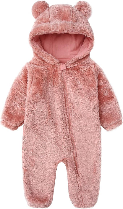 Baby Furry Jumpsuit Infant Bear Onesies Zipper Long Sleeve One-Piece Romper Hoodie Baby Outwear Snowsuit