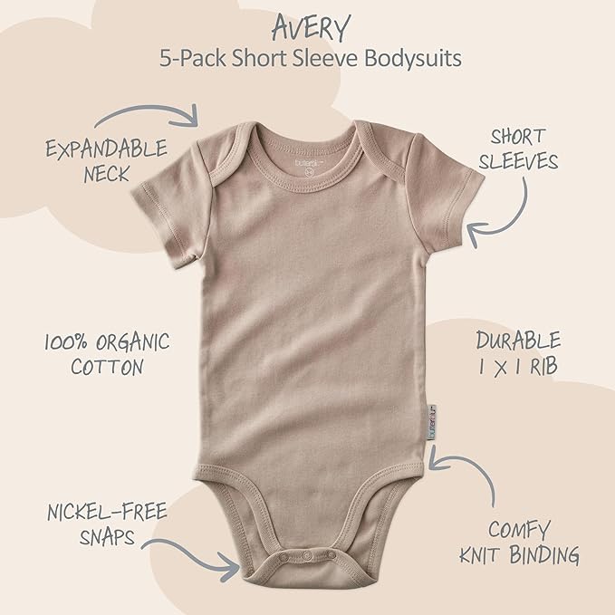 Avery 5-Pack Short Sleeve Bodysuits 100% Organic Cotton for Baby Boys & Girls