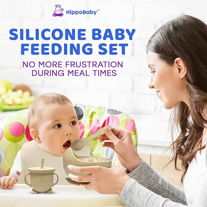 Baby Led Weaning Supplies | 10 Piece Silicone Baby Feeding Set | Baby Toddler Bib Cup Divided Plate and Bowl Self Feeding Spoons Dish Set | Baby Utensils | Toddler Feeding Supplies (Cream)