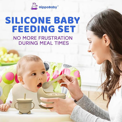 Baby Led Weaning Supplies | 10 Piece Silicone Baby Feeding Set | Baby Toddler Bib Cup Divided Plate and Bowl Self Feeding Spoons Dish Set | Baby Utensils | Toddler Feeding Supplies (Cream)