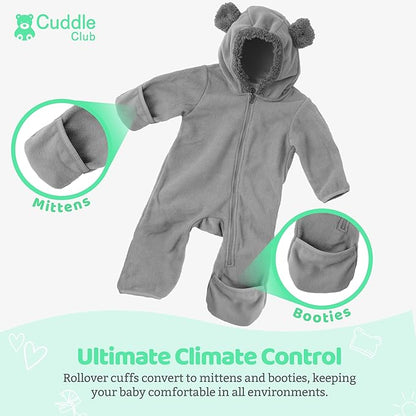 Cuddle Club Fleece Baby Bunting Bodysuit with Hood, Convertible Mittens & Booties, Car Seat Friendly, Soft & Warm, Easy Zip