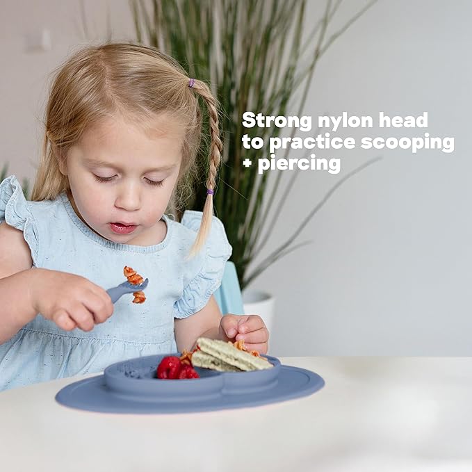 ezpz Mini Utensils - 12 Months+ (Fork & Spoon in Blue) - 100% BPA Free Fork and Spoon - Toddler Utensils - Designed by a Pediatric Feeding Specialist