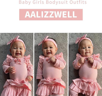 Aalizzwell Preemie Newborn Infant Baby Girls Clothes Ribbed Bodysuit Pants Set Fall Winter Outfits