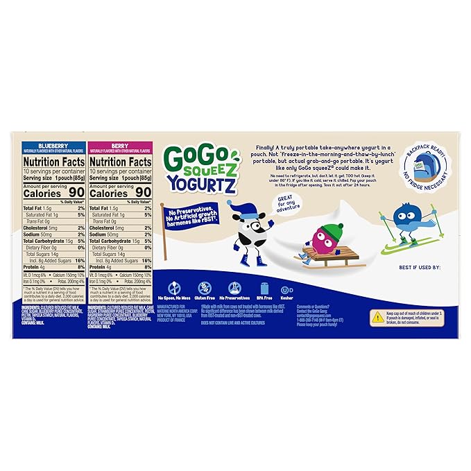 GoGo squeeZ yogurtZ Variety Pack, Blueberry & Berry, 3 oz (Pack of 20), Kids Snacks Made from Real Yogurt and Fruit, No Fridge Needed, Gluten Free, Nut Free, Recloseable Cap, BPA Free Pouches