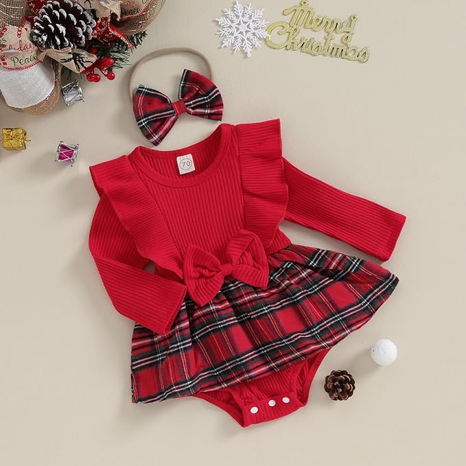 Hnyenmcko Newborn Baby Girl Christmas Clothes Infant Red Plaid Romper Dress Ruffle Long Sleeve Ribbed Bodysuit Headband Set