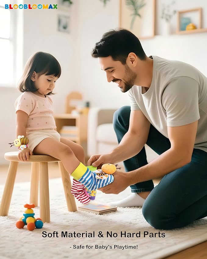 Bloobloomax Soft Baby Rattle Wrist Rattle Foot Finder Socks Set,Cotton and Plush Stuffed Infant Toys,Birthday Holiday Birth Present Gift for Newborn Boy Girl Kids Toddler (8pcs-B Set)