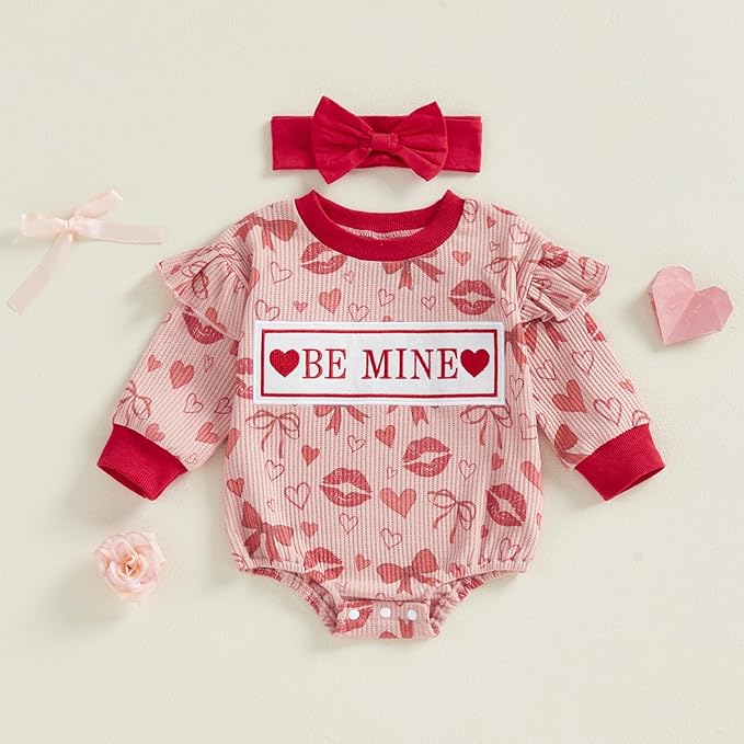 Newborn Baby Girl Valentines Day Outfit Ruffles Bow Footie Long Sleeve Romper Jumpsuit Bodysuit Overalls Fall Clothes