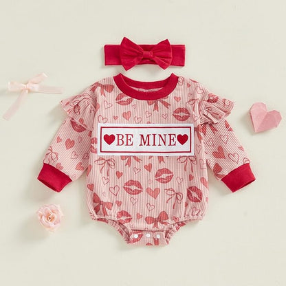 Newborn Baby Girl Valentines Day Outfit Ruffles Bow Footie Long Sleeve Romper Jumpsuit Bodysuit Overalls Fall Clothes