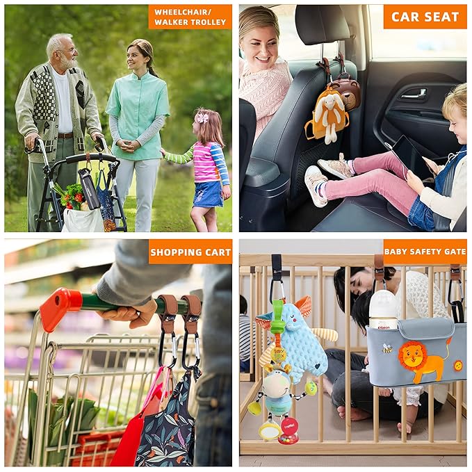 2 Pcs Brown Baby Stroller Hooks for Hanging | Multipurpose Stroller Straps with Durable and Stylish Stroller Clips for Diaper Bags | The Perfect Mummy Hook for Pram, Wheelchair, Shopping and Pet Carts