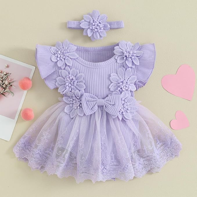 Infant Baby Girl Lace Romper Baby Tulle Dress Romper Flowers Bodysuit Spring Summer Festival Clothes with Headband