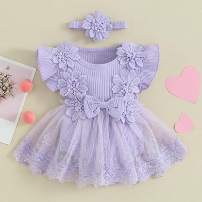 Infant Baby Girl Lace Romper Baby Tulle Dress Romper Flowers Bodysuit Spring Summer Festival Clothes with Headband