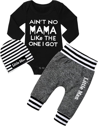 Fommy Newborn Baby Boy Clothes New to The Crew Letter Print Romper+ Pants+Hat 3PCS Outfit