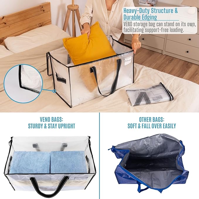 VENO 8 Pack Moving Bags, Christmas Storage Bins, Moving Boxes Alternative, Comforter and Blanket Storage Bags, College Dorm Packing Supplies, Foldable Heavy-Duty Tote (Clear, 8 Pack)