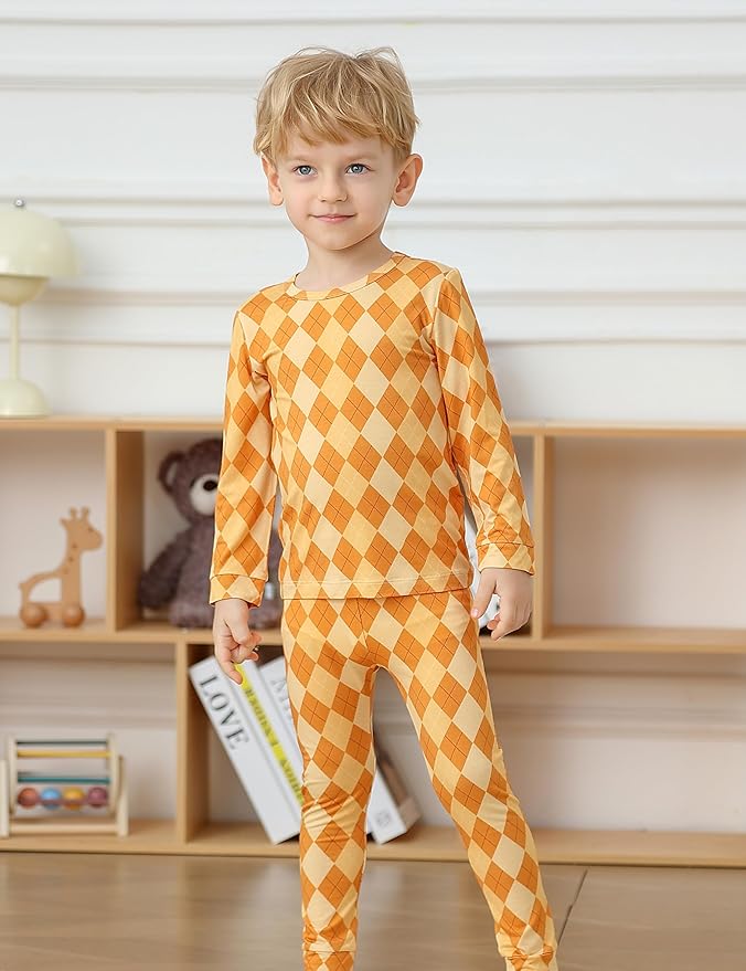 JunNeng Bamboo Viscose Pajamas for Toddler Boys, Baby Kids Diamond Pajamas Snug Fit Long Sleeve Sleeper
