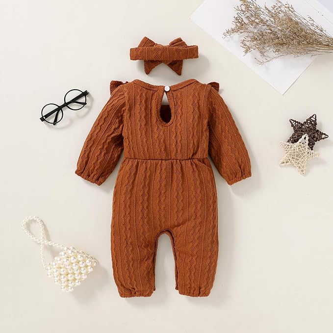 Happy Town Baby Girl Romper Infant Fall Winter Clothes Ruffle Sweater Long Sleeve Bodysuit Jumpsuit and Headband