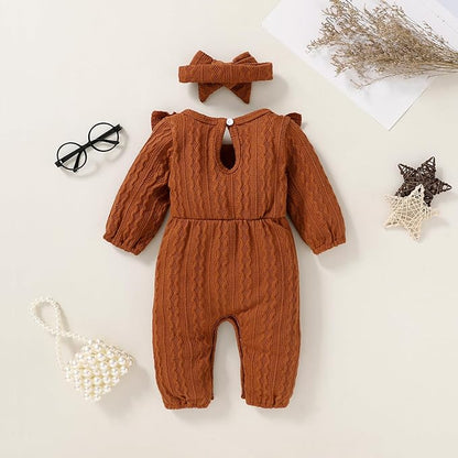 Happy Town Baby Girl Romper Infant Fall Winter Clothes Ruffle Sweater Long Sleeve Bodysuit Jumpsuit and Headband