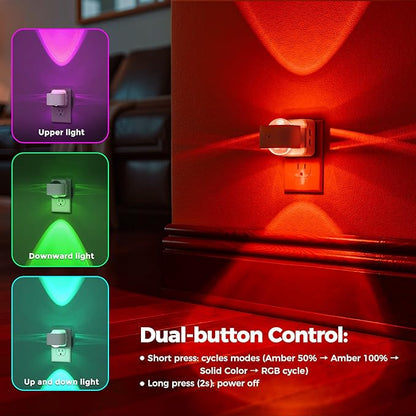 Briignite Night Light Projector, RGB Color Changing Night Light for Kids, 180° Rotating Night Lights Plug into Wall, Dusk to Dawn Sensor, RGB Ambient Lighting for Gaming Room Gifts, White, 2 Pack