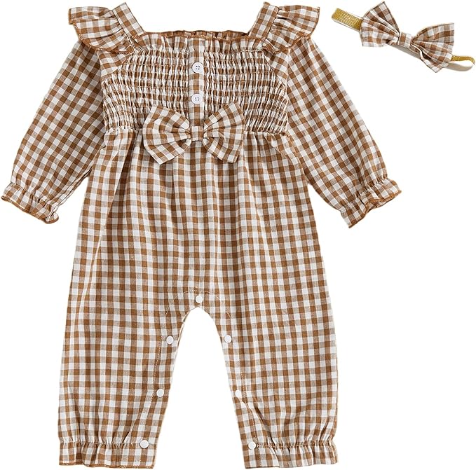 Newborn Infant Smocked Baby Girl Clothes Plaid Bubble Romper Long Leg Bodysuit Bow One-Piece Jumpsuit