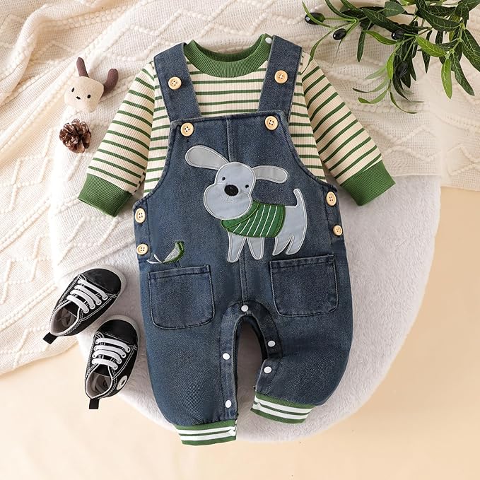 Baby Boy Clothes Fall Winter Outfits Long Sleeve Striped Romper Cute Cartoon Jeans Overalls Pants Set 0-18 Months