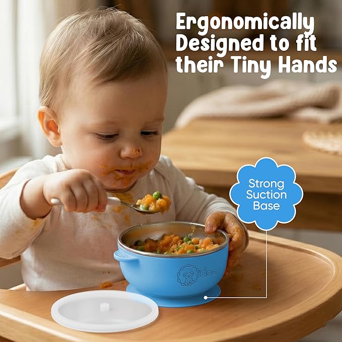 o'doe Baby Bowls with Lids – Stainless Steel Baby Feeding Bowls with Suction | Non-Slip Toddler Bowls for Self Feeding | BPA-Free Kids Bowls for Babys Food & Snacks | Stainless Steel Bowls Kids