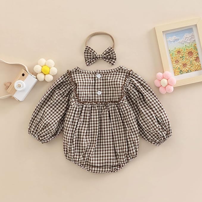 Douhoow Infant Baby Girl Plaid Romper Baby Sweatshirt Romper Ruffle Festival Clothes Fall Winter Outfits with Headband